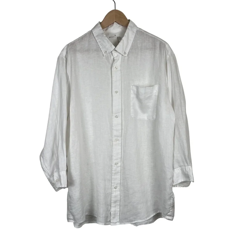 Muji Mens XL White 100% Linen Button Down Shirt 3/4 Sleeve Minimalist Coastal